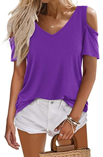 Beluring Damen Sommer Offene Schulter T-Shirts V-Ausschnitt Elegant Tunika Oberteil Lila M