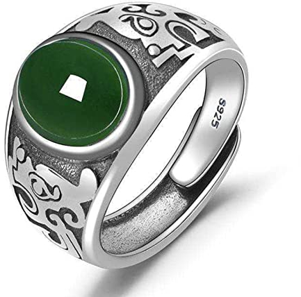 BXSMNH 925 Sterling Silber Hetian Smaragd Herrenring Vintage Smaragd Ring Herren Live Jade Farbschlüssel Ring Mit Exquisiter Geschenkbox