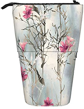 AOOEDM Gras Teleskop-Federmäppchen Stand Up Pen Bag mit rosa Blumen Dekor Aquarell handgemalter Hintergrund abstrakt künstlerisch niedlich tragbar Teleskop-Bleistifthalter Beutel Tasche