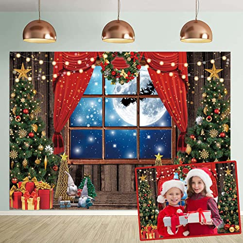 Toile de fond de nuit pour photographie de Noël - Cadeau rustique - Fenêtre en bois pleine lune - pour bébé et enfant - Décoration de fête de famille - Bannière - Accessoire photo (210 x 150 cm)