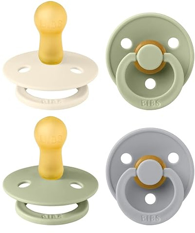 BIBS Colour Dummy, 6-18 Months, 4-Pack, Round Teat, Sage Mix | Natural Rubber Latex | Size 2 | BPA-Free | Made in Denmark | High Teat Acceptance | Airflow Holes | Comfort Shield