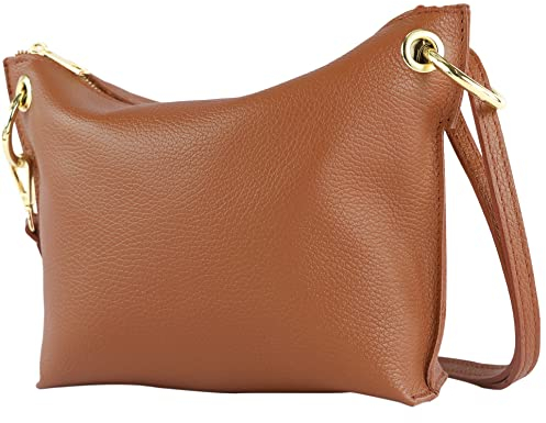 modamoda de - T243 - ital. Umhängetasche Klein Small aus Leder, Farbe:Cognac