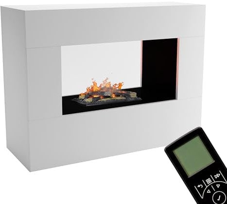 GLOW FIRE Caminetto a vapore acqueo KONSALIK - Elettrico con fiamme 3D LED realistiche, effetto crepitio, telecomando, 120x90x45 cm - Opti-Myst 600 con decoro in legno, Bianco