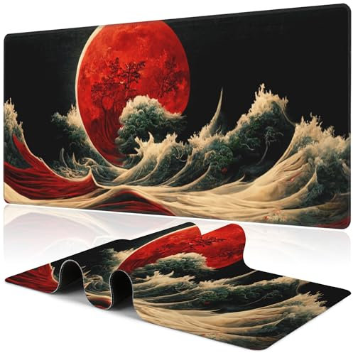 Tapis de bureau motif lune rouge au-dessus de la mer, grand tapis de souris de jeu de style chinois, base en caoutchouc antidérapant, bords cousus épais, tapis de souris imperméable, 80 x 30 cm