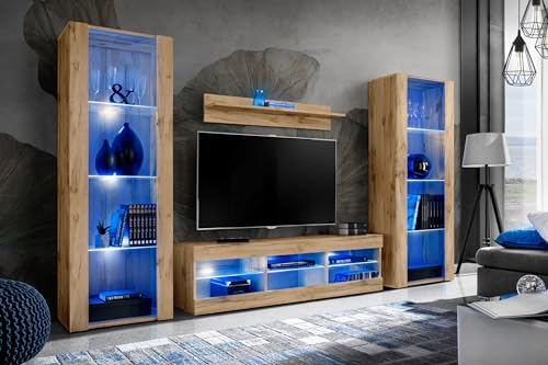 Komodee Wohnwand Wohnzimmerset Tivoli Grande, Wotan/Wotan, Breite 250cm x Höhe 159cm x Tiefe 35cm, LED Blau, für Wohnzimmer, Schlafzimmer