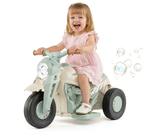Kids Electric Motorbike, 6V Ride On Motorcycle with Automatic Bubble Function Headlight Music Foot Pedal, 3 Anti-Skip Wheels Vehicle for Children Toddler Ages 3+ (Beige)