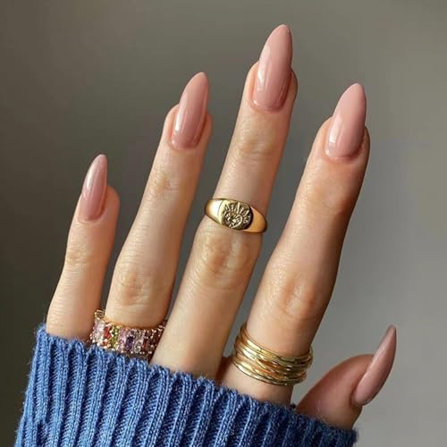 24Pcs Press on Nails Medium Almond Pure Color French Tip False Nails Full Cover Acrylic Nails Set Reusable Fake Nails with Glue Stickers Stiletto Stick on Nails for Women and Girls (Nude Pink)