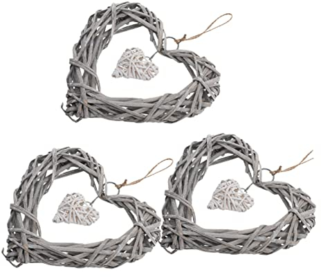 Amosfun 3st Herz-Handwerk Hängen Rattan-weidenkranz Herzförmiger Weinkranz Weihnachtsbaum Herz Wandbehang Herzförmiger Weidenkranz Korb Hängender Kranz Rattan-Herz Liebe Hanfseil Anhänger