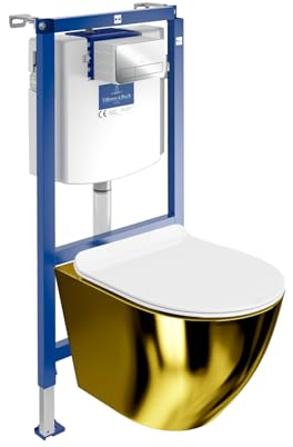 Villeroy & Boch ViConnect H112 Vorwandelement Unterputz WC mit Bedienplatte + Wand Hänge Tiefspül WC Sofi Slim Gold/White Spülrandlos + WC Sitz Komplettset Unterputz Spülkasten Toilette Komplett Sett