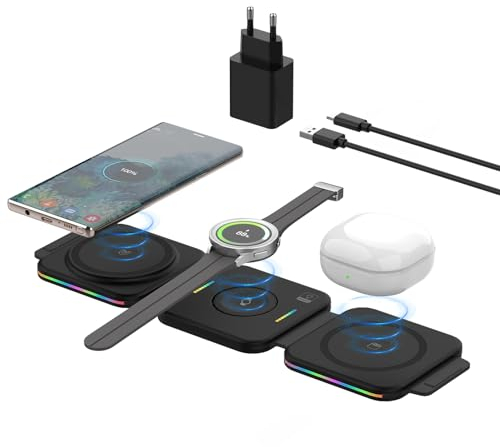 PINRUIGE Wireless Charger für Samsung, Faltbare 3 in 1 Kabelloses Ladegerät Induktive Ladestation kompatibel für Samsung S23 S22 S21 S20 Note20 Z Flip 4/3 Z Fold Galaxy Buds Galaxy Watch 5/5 Pro/4/3