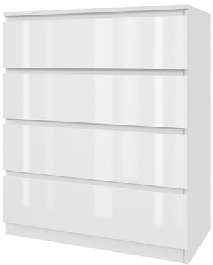 Mebligo - Kommode mit 4 Schubladen 80 cm Breit, Komodenschrank für Schlafzimmer, Kommode Wohnzimmer, Kinderzimmer, Jugendzimmer und Büro (B:80 x H:97 x T:40 cm) - Weiß Hochglanz