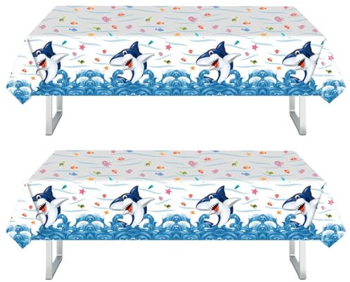 2Pcs Ocean Animals Party Table Cloth,130*220cm Shark Rectangular Plastic Tablecloths Under The Sea Table Covers,Ocean Waves Party Supplies Table Cloths Disposable for Baby Shower Boys Birthday