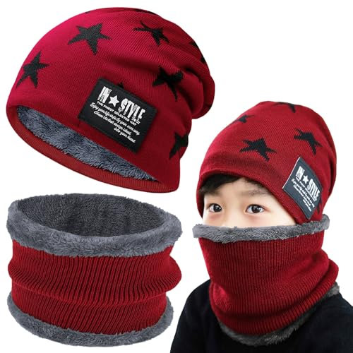 Axinyijia Bonnet Tour de Cou Polaire pour Enfant, Ensemble Bonnet d'hiver et Cache Cou Garcon, Packs Bonnet Écharpe avec Doublure Polaire Enfant 5-10 Ans (rouge)
