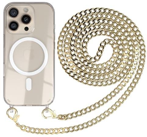 EAZY CASE - Handykette kompatibel mit iPhone 16 Pro Kette zum Umhängen Stoßfest Handyhülle für Apple iPhone 16 Pro Silikon Hülle mit Band Handytasche Transparent als Fallschutz in Metall - Gold