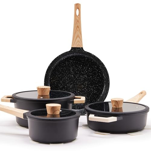 Florosa Juego de olla de cerámica con tapa, olla de inducción y olla de fondo plano, patrón de granito sin recubrimiento pegajoso, juego de cocina negra