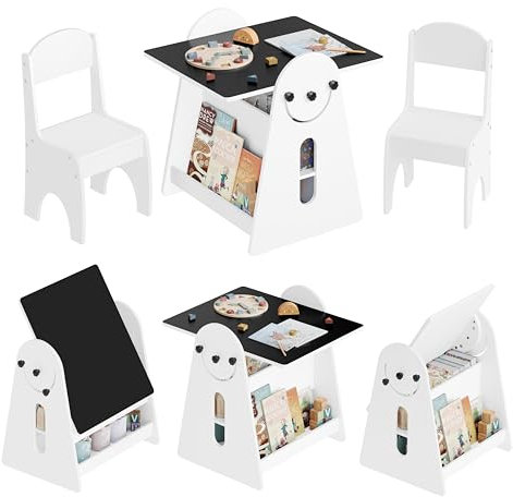 WOLTU Kindertisch mit 2 Stühlen, Kindertisch mit Stauraum Tafel, zur Staffelei umbaubar, Kindersitzgruppe Indoor, Maltisch für Kinder, Weiß