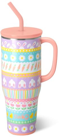 Swig Life 40oz Mega Mug, 40 oz Tumbler with Handle and Straw, Cup Holder Friendly, Dishwasher Safe, Extra Large Insulated Tumbler, Easter Basket Stuffers, Easter Gifts for Women (Bunny Trail)