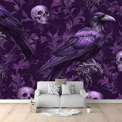 Large Wall Mural 79 x 55/200 x 140 cm(WxH) Non Self Adhesive Gothic Skulls Crows Printed Wallpaper, Requires Glue Dark Purple Multi Panel Photo Wallpaper for Living Room Bedroom Wall Decor