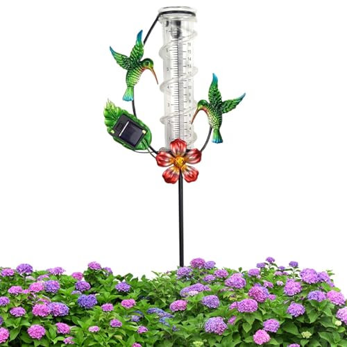 Pluviomètre Colibri - Fabriqué En Matériau Métallique De Haute Qualité, Tube De Pluviomètre En Verre | Pluviomètre Extérieur, Pluviomètres - Jauge D'eau À Énergie Solaire Avec Lumière LED