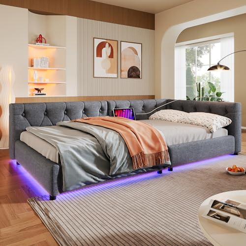 Dolamaní Schlafsofa Gepolstert 90x200 cm mit Lattenrost, LED & USB+Typ-c Funktionsbett, Tagesbett Kopfteil mit Knopftuft, Einzelbett ohne Matratze (Grau)