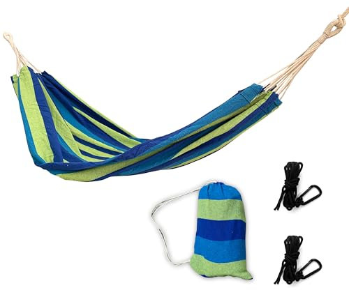 Rijoka Hängematte Large – 200x140cm – Blau/Grün gestreift – 1 Person – Inkl. 2 Haken, Seil und Aufbewahrungstasche