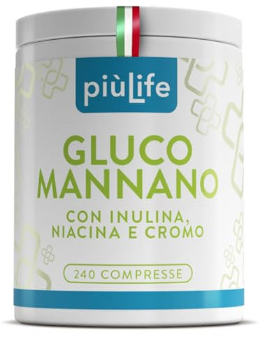 Glucomannane Titré 95% de Konjac PiùLife 240 Comprimés 4000 mg Avec Inuline, Niacine et Chrome, Glucomannane Pur | Fibres Végétales | 36.000 mPas | Soutien au Métabolisme Équilibré