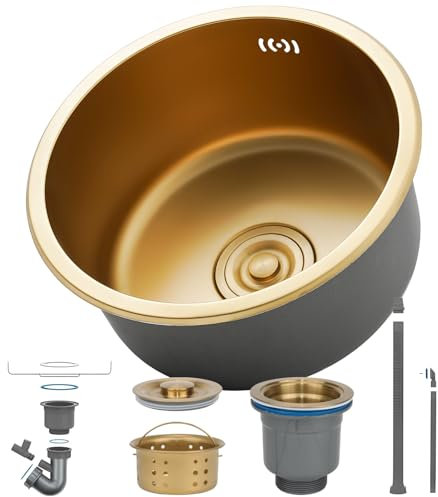 HZKSINNK Kitchen sinks, golden single sink, 1 basin round kitchen sink/bathroom sinks made of stainless steel in gold, nano with drain set, easy to clean, built-in undermount/assembly (gold #b, 40 x