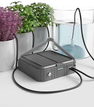 Sistema de riego solar por goteo para jardín, kit de riego automático para plantas en macetas, balcón, cama de plantas e invernadero, kit de riego de jardín (gris)