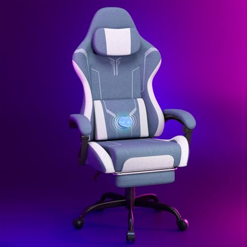 Soontrans Silla Gaming con Masaje Lumbar Silla Gamer con Reposapiés Retráctil y Cojín Sillas Gaming Respaldos Inclinables hasta 135 Grados Capacidad de Carga de 150 kg (Azul)