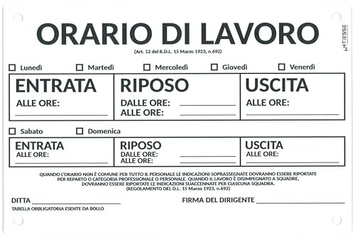TIESSE - Señal horario de trabajo - Cartel de PVC con 4 agujeros - Tamaño: 200 x 300 mm - Made in Italy