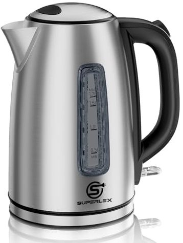SUPERLEX Edelstahl Wasserkocher 1,7 L Elektrisch Teekessel 2200W | Strix Steuerung Schnellkochfunktion Automatischer Deckel Abnehmbarer Filter Mit Temperaturanzeige Für Haushalt Büro Küche
