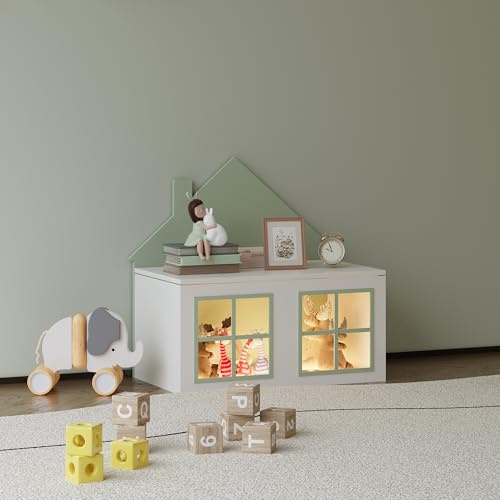 [en.casa] Spielzeugkiste mit Deckel Vipsali Kuscheltier Aufbewahrung Kinderzimmer Hausdesign Truhe Spielzeugbox 56 x 60 x 33 cm Mintgrün/Weiß