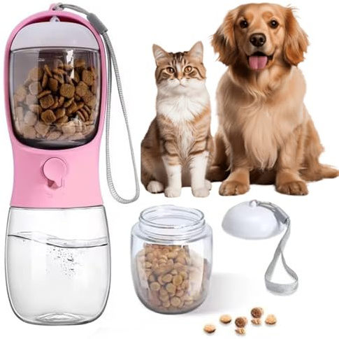 AHIZ 2-in-1 Portable Dog Water Bottle with Food Container, 300ml Water & 100g Dry Food Storage, Travel Pet Dispenser with Strap, Leak-Resistant Design for Dogs & Cats (Pink)