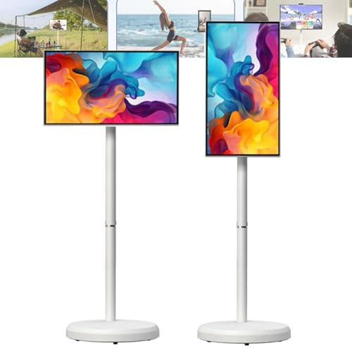 Hydravex Portable TV on Wheels, 1080p Portable Touch Screen Monitor, 21.5 inch Smart Rolling TV, Built-in 6000mAh Battery, Android 14, Full Swivel Rotation White-4+64G