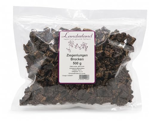 Lunderland Ziegenlungen Brocken | 500 g | Einzelfuttermittel für Hunde | Getrocknete Stücke ca. 1-2 cm