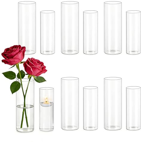 Hewory Glasvase Zylinder Vasen Set: 12er Schmal Zylindervasen Set Kerzengläser Glasvasen für Tischdeko Hochzeitsdeko - Deko Vase Glas Glaszylinder für Hochzeit Deko Wedding Wohnzimmer Deko Modern
