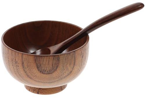 SHINEOFI Bol et Cuillère en Bois, Set de Pièces Lot de 2 | Bois Marron, Design Simple à Veinage Élégant, Léger et Résistant aux Fissures