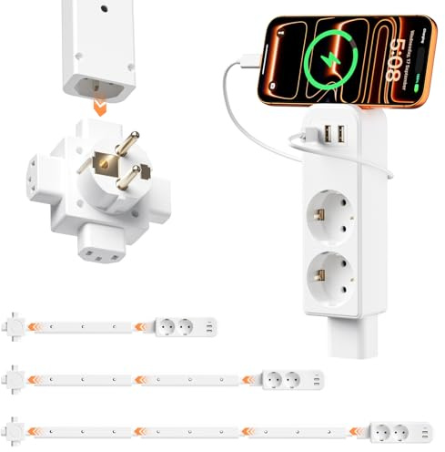 ALAFLY Extensor de Enchufe Extensible, Ajustable 9,92-37,32 Pulgadas, 2 Enchufes, 2 USB-A, 1 USB-C, Enchufe de Pared montable a 360°, Ideal para Espacios reducidos y detrás de Muebles