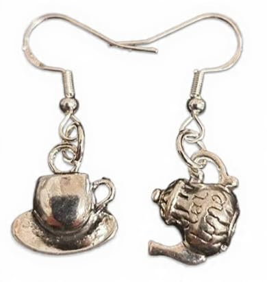 Royal Swan Mismatched, Antique Silver Teapot with 'Tea Time' Engraved & Tea Cup with Saucer Earrings on Hallmarked Sterling Silver Hooks in a Velvet Gift Bag.