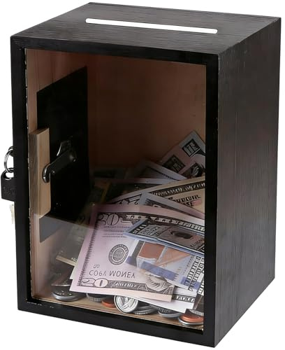 Black Wooden Money Box for Adults, 5.9 x 4.7 x 7.9 in Piggy Bank with Lock and Clear Viewing Panel, Durable Coin Saving Box for Cash, Bills, Change, Home or Office Decor