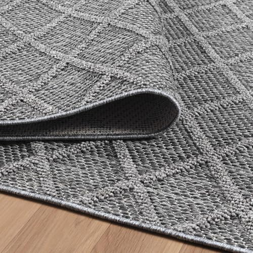 KADIMA DESIGN Terrassenteppich Rautenmuster Geometrisch Wetterfest Pflegeleicht Waschbar Strapazierfähig Robust Läufer Grau 80x250 cm Terrasse Garten Fußbodenheizung geeignet Oeko-TEX | Cortina