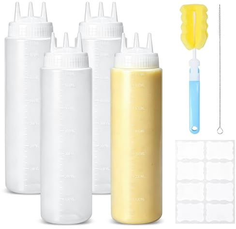 COEWUR 4 Pk Squeeze Sauce Bottle, 650ml/23oz Plastic 3 Hole Squirt Bottle | Plastic, with Scale, for Cream Mustard Salad Dressing Oil Seasoning Ketchup, Condiment Squeeze Dispenser