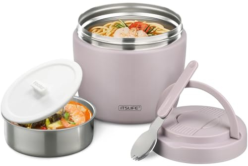 Itslife Thermobehälter für Essen 970ml, Thermoschüssel mit Deckel, Warmhaltebehälter aus Edelstahl mit Löffel, Thermoskanne Essen Auslaufsicher, Thermo Lunchbox für Suppen, Porridge, Lila