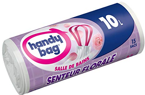 Handy Bag 2 Rouleaux de 15 Sacs Poubelle 10 L, Pour Salle de Bains, Poignées Coulissantes, Senteur Florale, Résistant, Anti-Fuites, 45 x 45 cm, Blanc