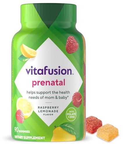 vitafusion PreNatal Gummy Vitamins, Raspberry Lemonade Flavor, Prenatal Vitamin Supplement for Women with Folate and DHA, 45 Day Supply, 90 Count