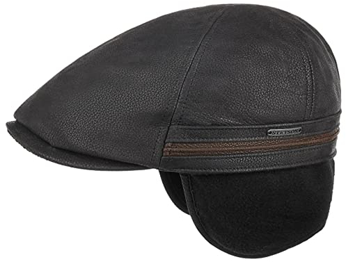 Stetson Redding Earflap Flatcap Herren - Schirmmütze aus Leder (Rind) - Ledercap mit Fleecefutter - Herrencap Ohrenschützer - Ohrenwärmer Herbst/Winter - Gatsby Kappe schwarz M (56-57 cm)