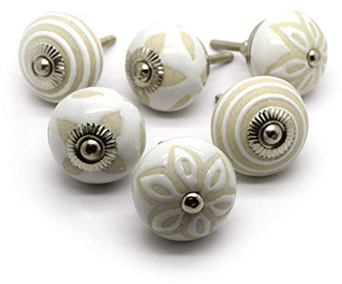 Pushka Home PKS22 Vintage style ceramic cupboard drawer door knobs , beige and cream , set of 6
