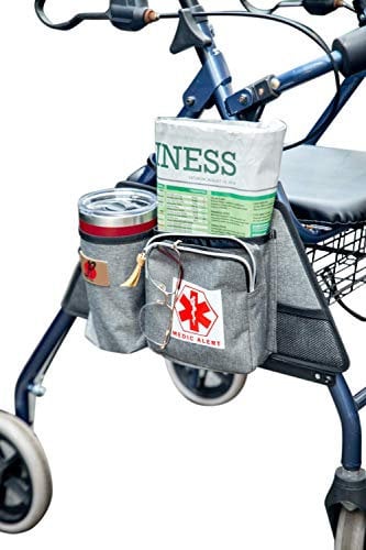Pf Rollator Walker Attachment Side Bag with Cup Holder Deluxe Rolling Walker Pouch, Adult Folding Walker Accessories for Seniors or Elderly (Gray)