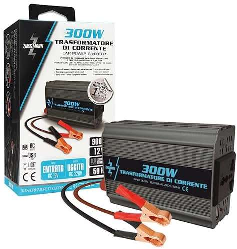 ZIM&MANN Inverter di Corrente 300W (600W Picco), Trasformatore da 12V a 220V con Porta USB, Convertitore per Auto e Camper con Presa Universale, Pinze Batteria e Cavo 3-in-1 Incluso