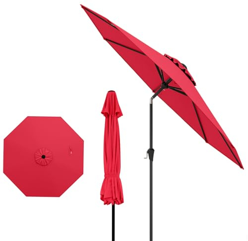 GOPLUS Grand Parasol de Jardin Exterieur, 2,7M Parasol Inclinable à 35° avec 8 Baleines, Manivelle, Abri d'Ombrage avec Protection Solaire, pour Plage Terrasse Piscine, sans Base, Rouge